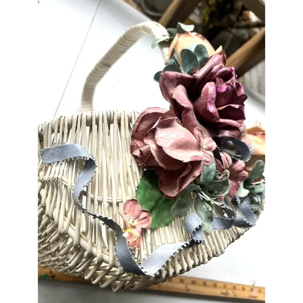 Vtg White 80s Wicker Basket W Papier Mache Molded Floral Handle Cottage Grandma